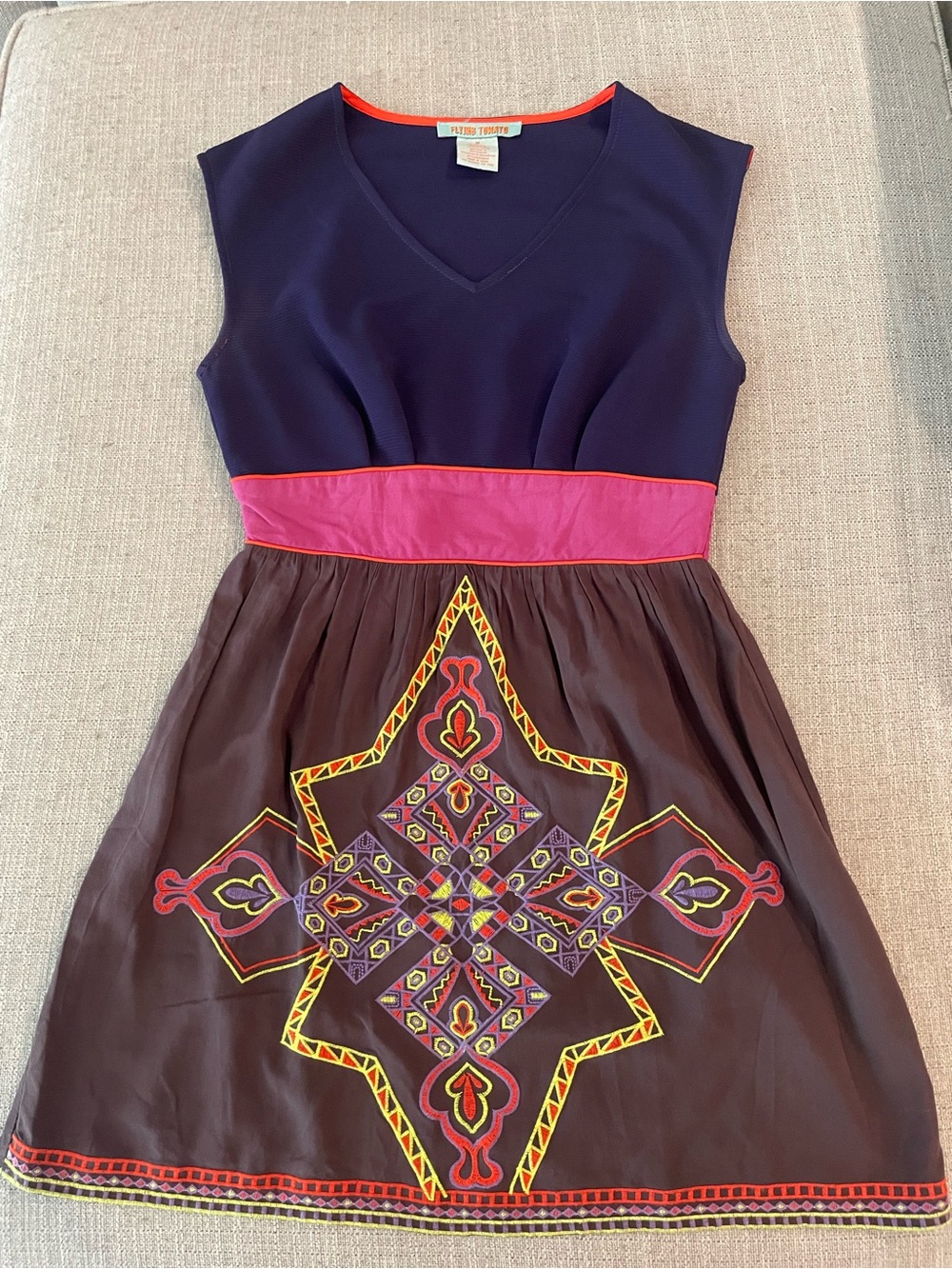 Flying Tomato Purple Bodice Pink Waist Gray Skirt Embroidered Mini Dress